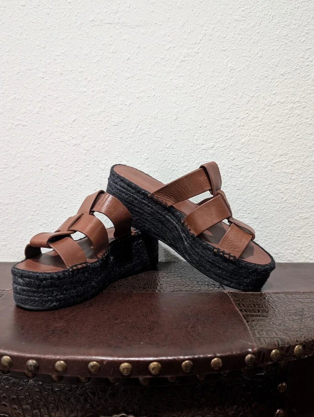 Vince Mahogany Leather Espadrille Platform Wedge Slide Sandals - Size 9M